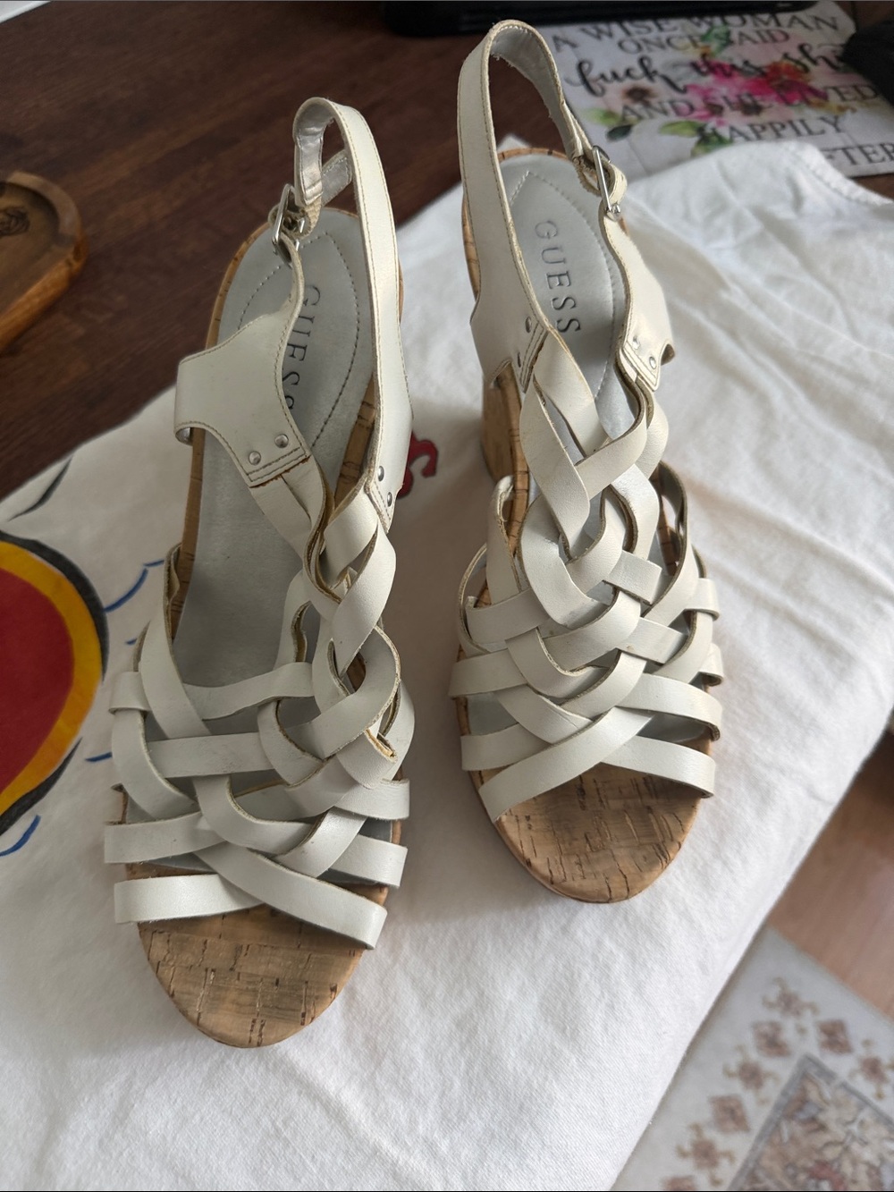 GUESS Cream Braided Cork Wedge Sandals
